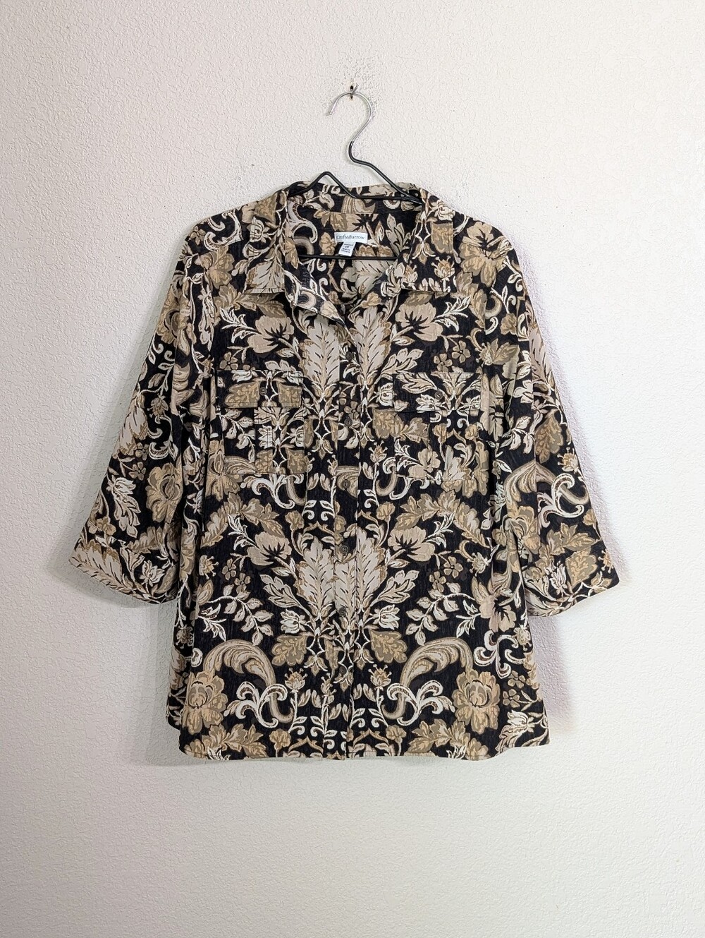 Croft & Barrow Faux Suede Button Shirt Sz 2X Black Tan Floral Damask 3/4 Sleeve